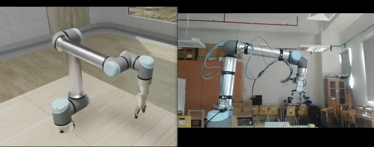 Live synchronization between a simulated Universal Robots arm and the physical robot.